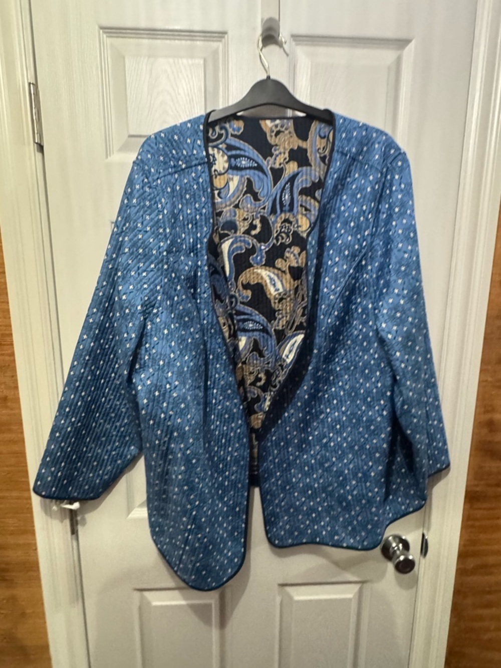Blue Patterned Reversal Open Front Jacket